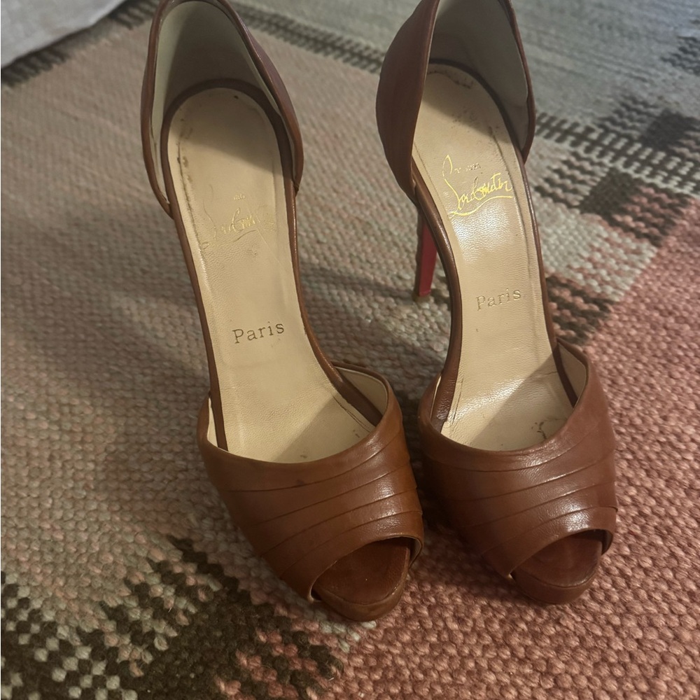 Christian Louboutin Brown Leather Peep-Toe D'Orsay Stiletto Heels